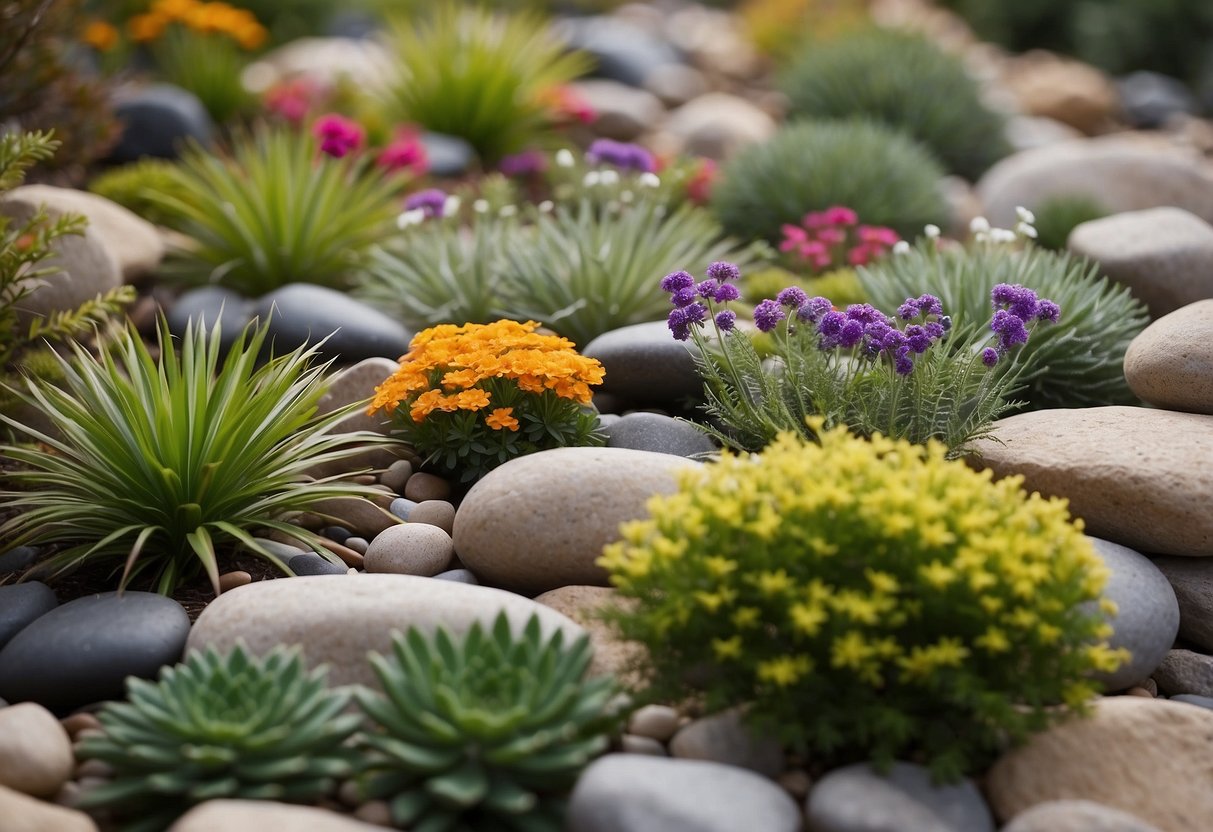 A vibrant array of 22 rock garden plants, varying in height and color, nestled amidst a backdrop of weathered stones and pebbles