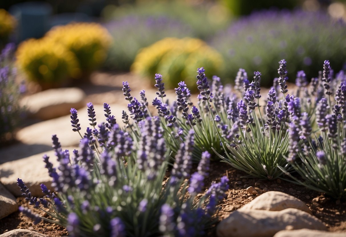 A vibrant rock garden filled with 22 varieties of lavender plants in full bloom, creating a colorful and aromatic display