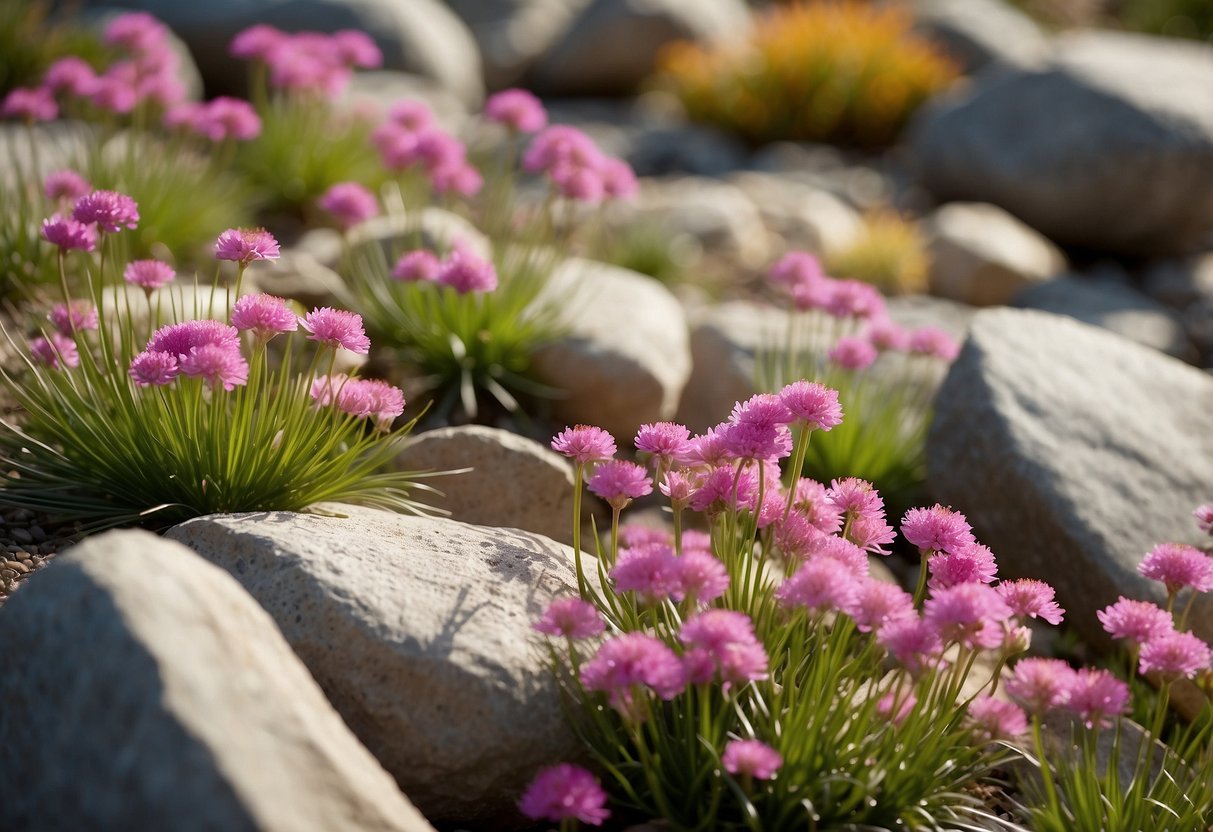 A vibrant rock garden with 22 varieties of Armeria plants in full bloom, nestled among colorful stones and boulders