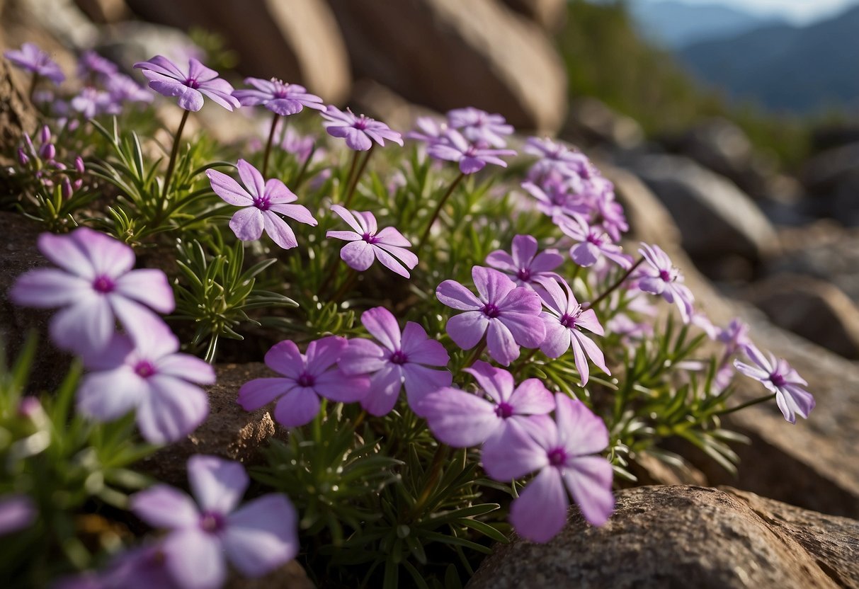 A colorful array of Phlox subulata blooms cascading over rugged rocks in a vibrant rock garden setting