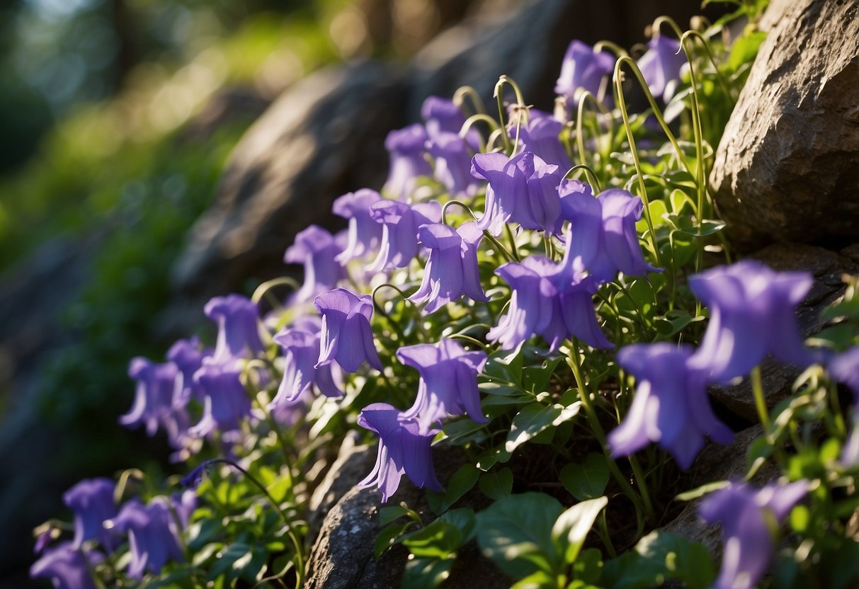 A colorful array of Campanula flowers cascade down a rocky garden slope, surrounded by lush green foliage and dappled sunlight