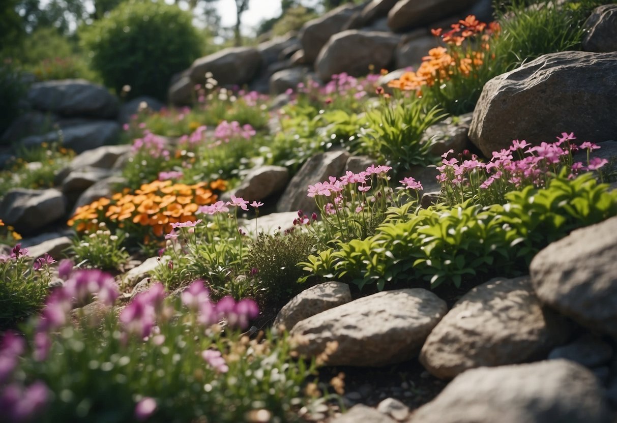 A rock garden with 22 types of Arabis plants in bloom. Rocky terrain, colorful flowers, and lush greenery