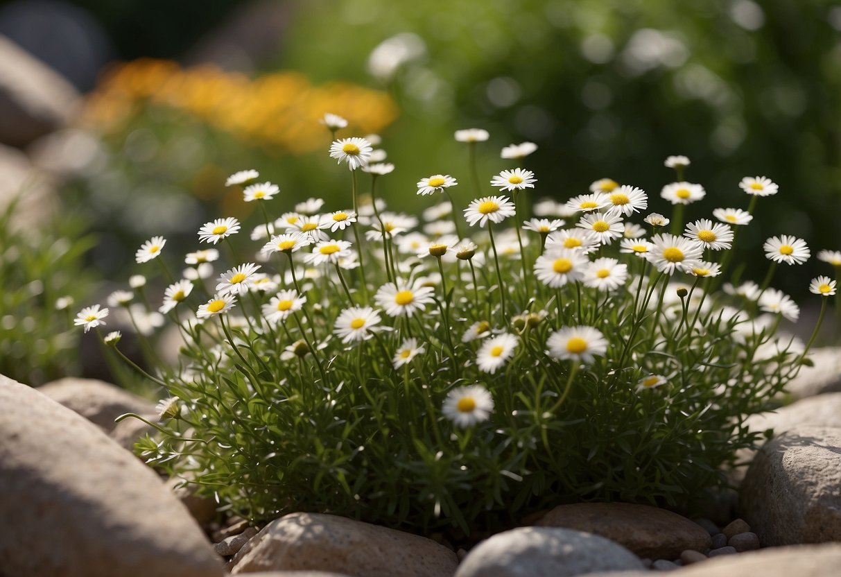 A variety of Erigeron plants arranged in a rock garden, with colorful flowers and green foliage creating a natural and vibrant display