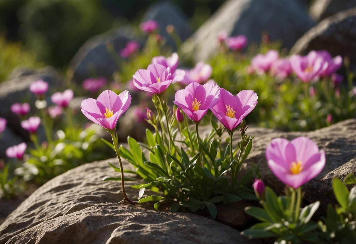 Vibrant Oenothera flowers bloom among rocks in a garden