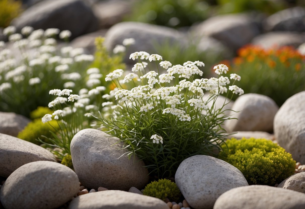 A variety of Gypsophila plants arranged in a rock garden, with different sizes and colors creating a visually appealing and natural scene