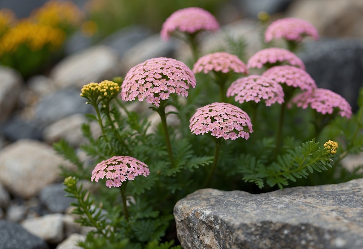 Achillea flowers bloom in a rock garden, surrounded by various other plants and small stones