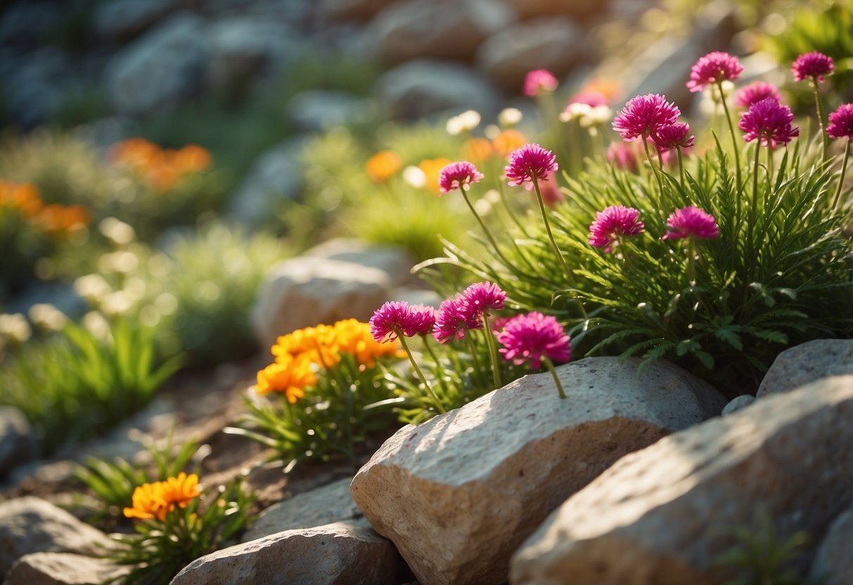 Vibrant rock garden plants thrive in a sun-drenched, rocky landscape. Cascading blooms and lush foliage create a picturesque scene