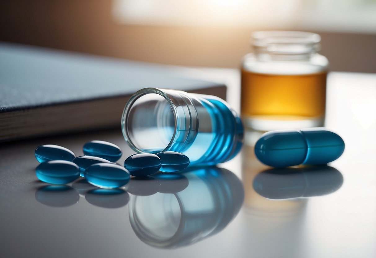 A bottle of Cialis and Viagra pills on a clean, white surface with a magnifying glass next to them, symbolizing the focus on understanding and enhancing sex health