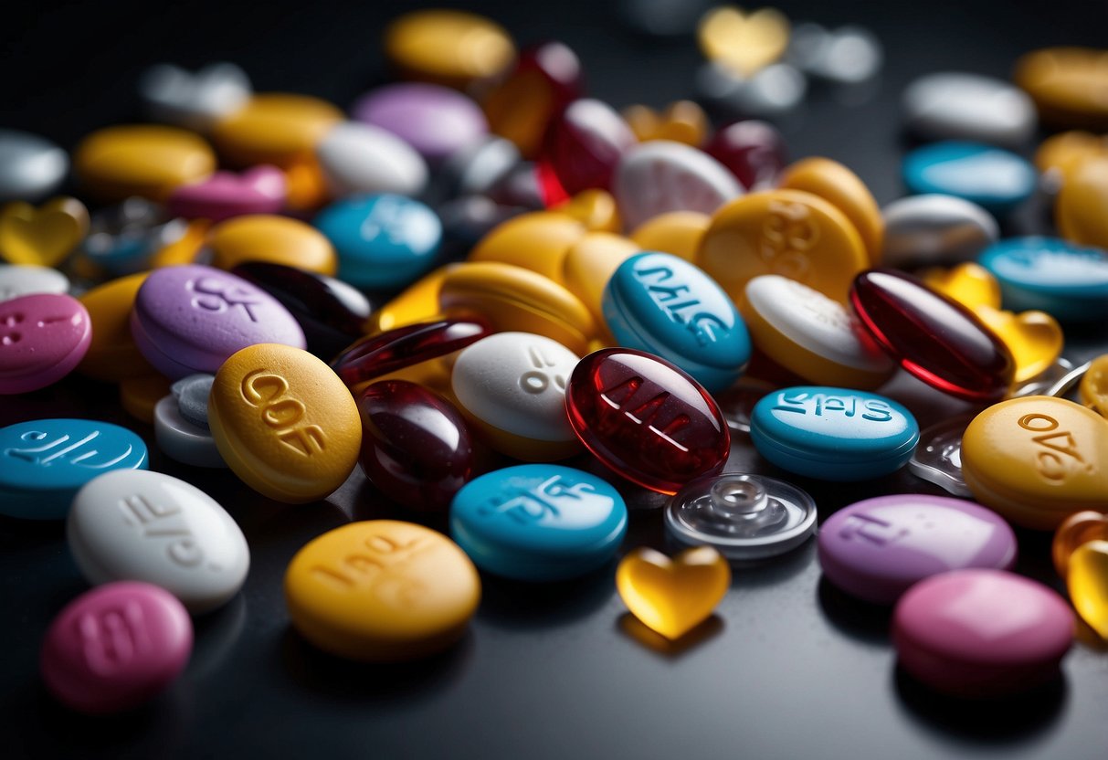 A split image of Cialis and Viagra pills surrounded by symbols of sexual health, such as hearts, arrows, and a measuring tape