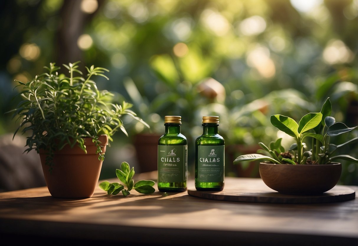 A serene couple sits in a peaceful, natural setting. A bottle of Cialis and Viagra are placed on a table, surrounded by vibrant, healthy plants