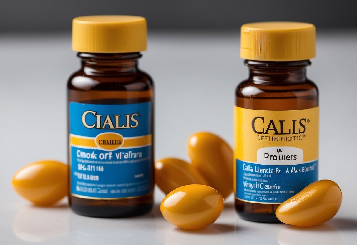 A bottle of Cialis and Viagra sit side by side on a clean, white surface. The labels are clear and legible, with the brand names prominently displayed
