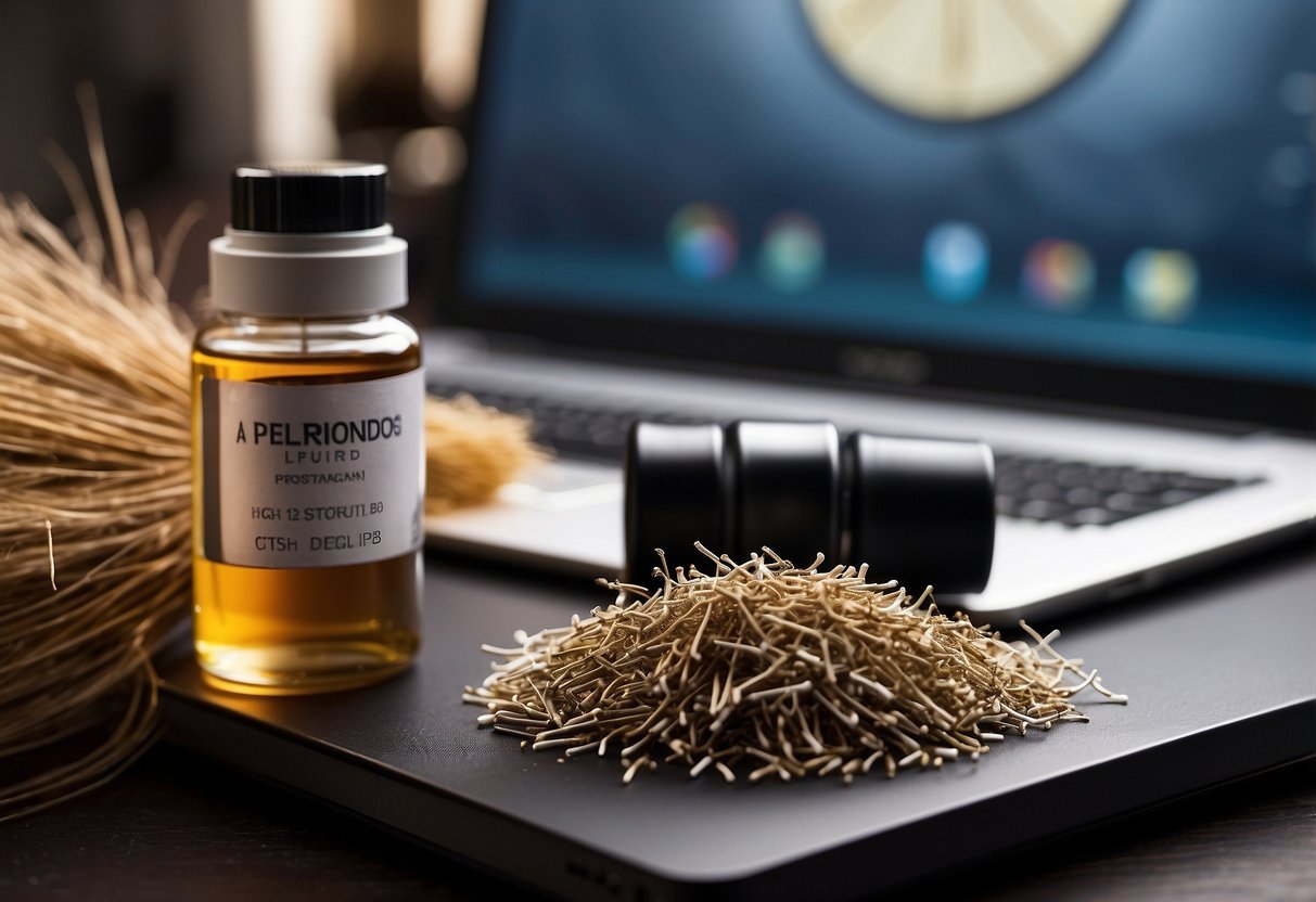 A bottle of oral steroids next to a pile of fallen hair strands, with a concerned person researching hair loss on a laptop