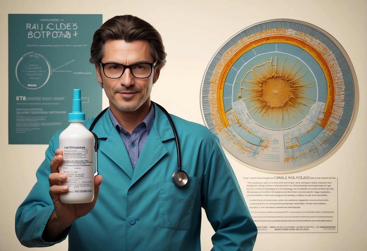 A doctor holding a bottle of oral steroids and a bottle of hair preservation medication, with a diagram of hair follicles and a cross-section of the scalp in the background