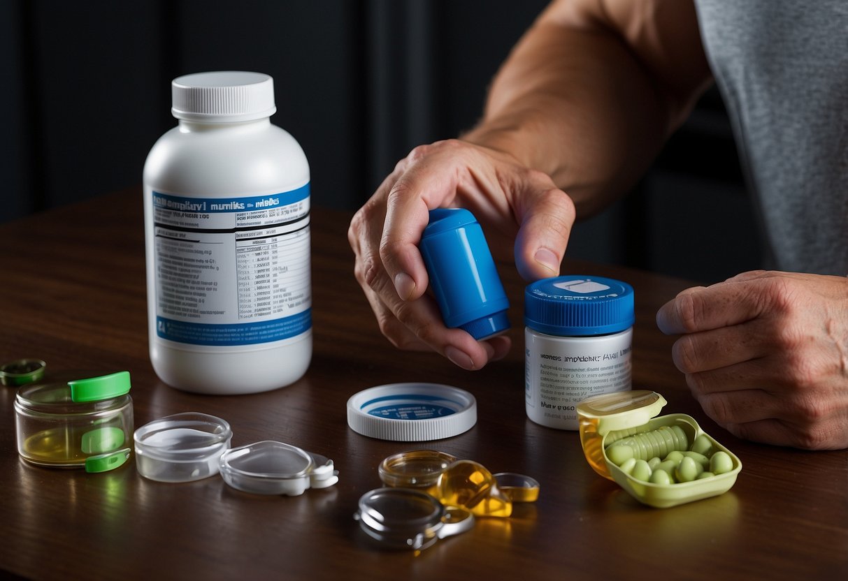 A bodybuilder carefully measures out a dose of diuretics, surrounded by various supplements and a water bottle. A comprehensive guide book on diuretics in bodybuilding lies open nearby