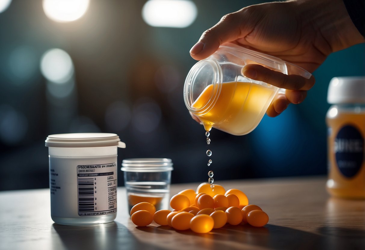 A hand holding a pill bottle, pouring diuretics into a measuring cup. A water bottle and a gym bag are in the background