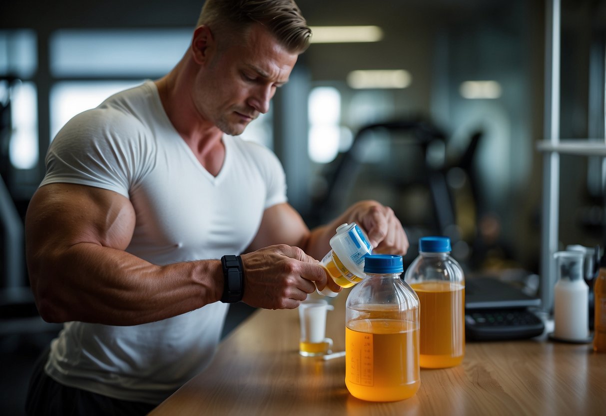 A bodybuilder carefully measures diuretic dosage, reads labels, and drinks water. They avoid dehydration and monitor electrolyte levels