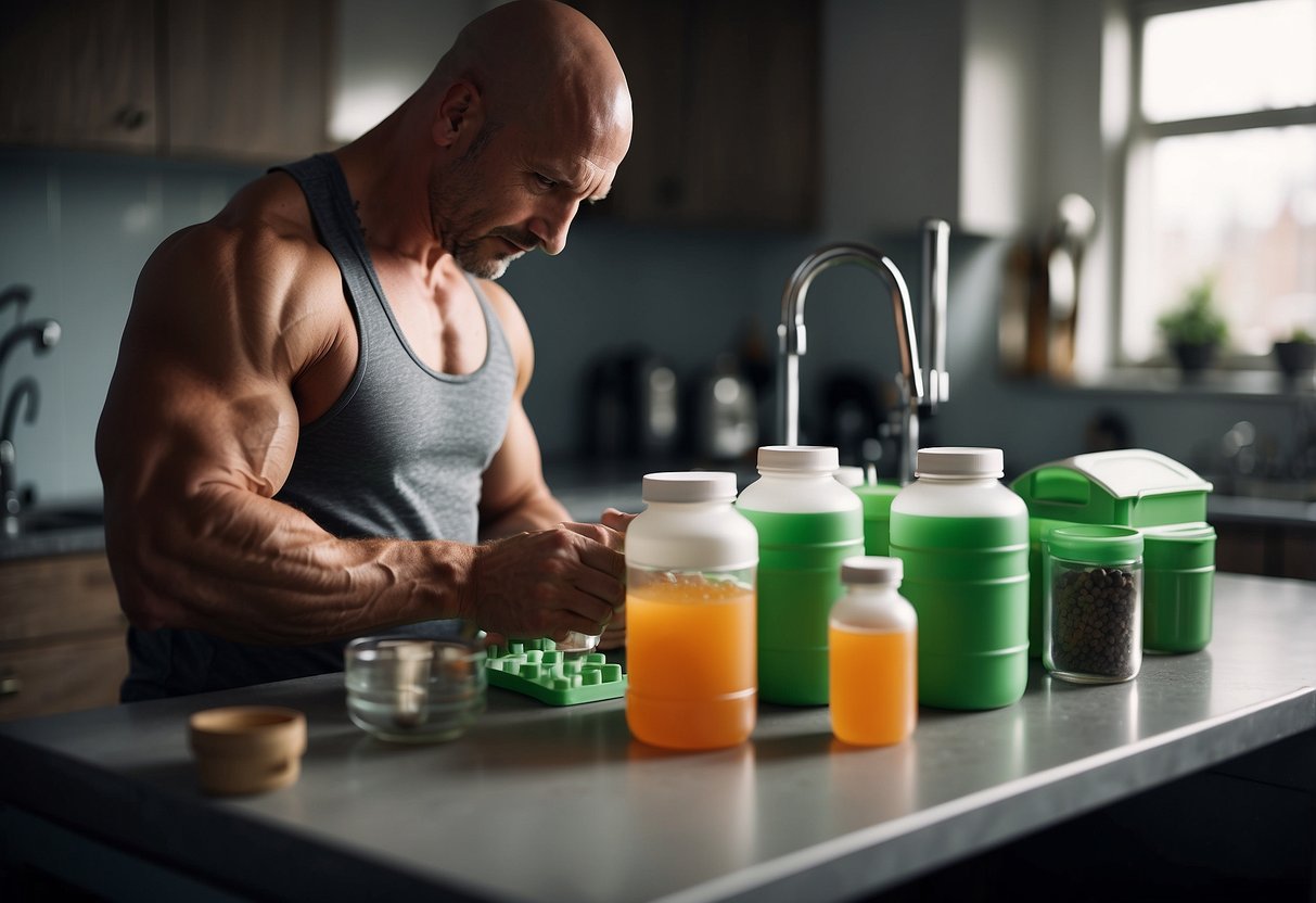 A bodybuilder carefully measuring and mixing diuretics in a well-lit, organized kitchen, surrounded by supplements and a water bottle