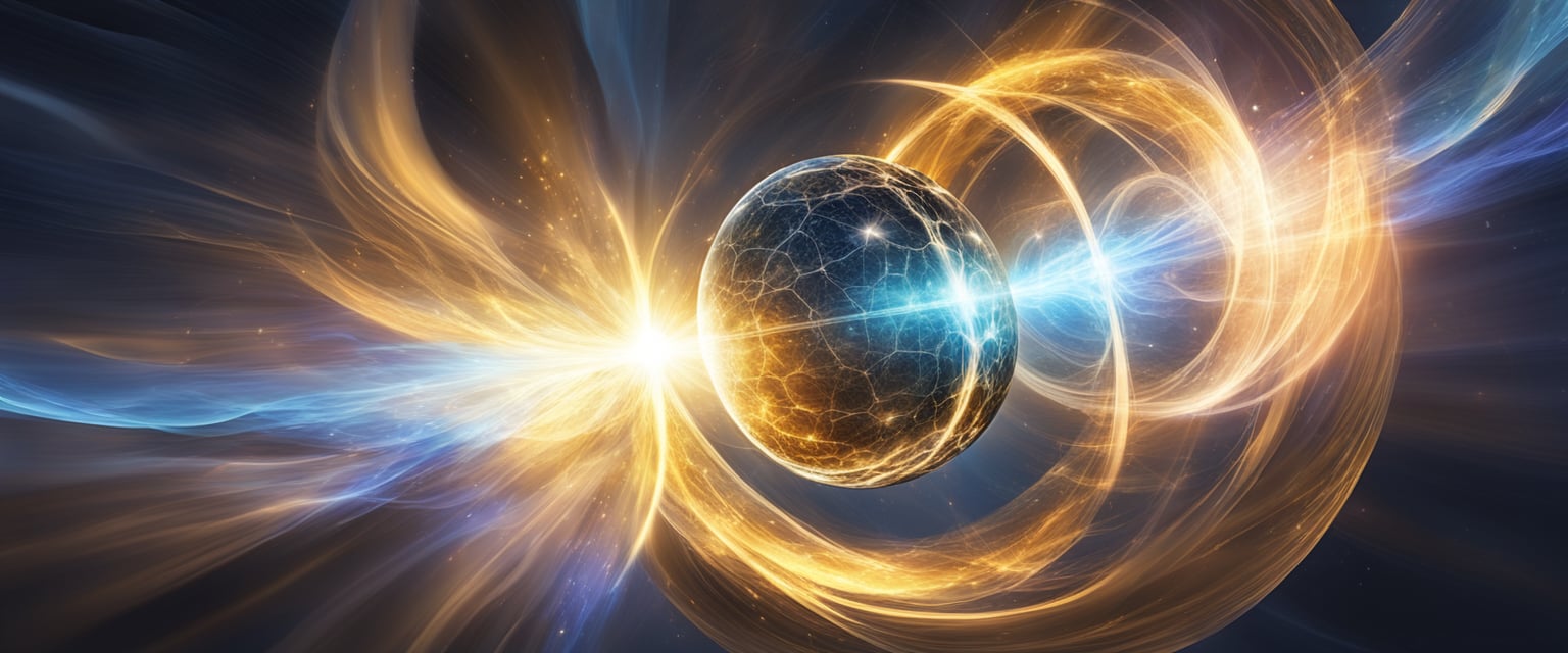 A bright, glowing orb surrounded by swirling energy, attracting objects and symbols representing desires and intentions. Rays of light radiate outward, creating a sense of magnetism and power