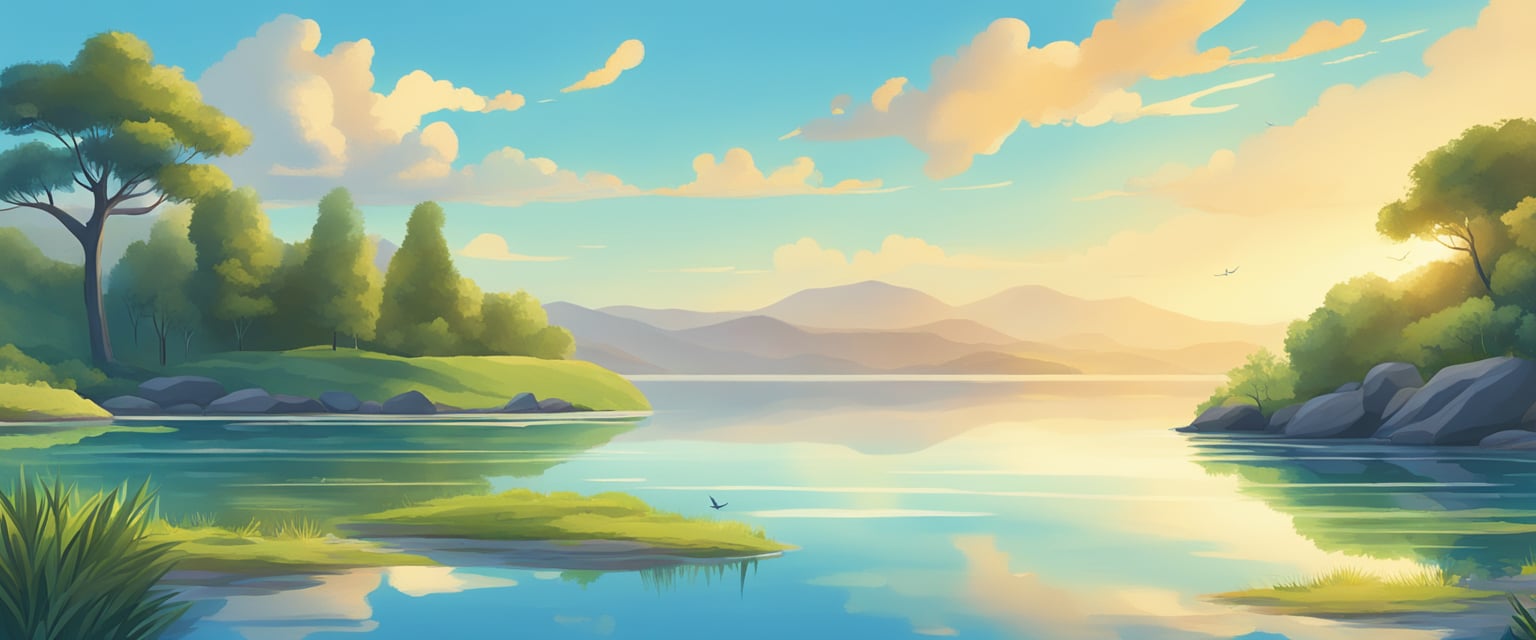 A serene landscape with a clear blue sky, a calm body of water, and vibrant greenery, symbolizing the peaceful and focused mindset needed for setting intentions and manifesting goals