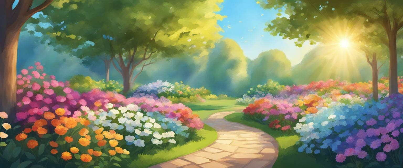 A serene garden with blooming flowers, vibrant colors, and a clear blue sky. A beam of sunlight shining down, symbolizing positivity and the power of manifestation