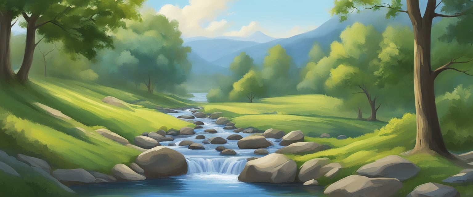 A serene, tranquil setting with a clear blue sky, lush greenery, and a peaceful stream flowing through the landscape. The scene exudes a sense of harmony and balance, inviting the viewer to connect with nature and the universe
