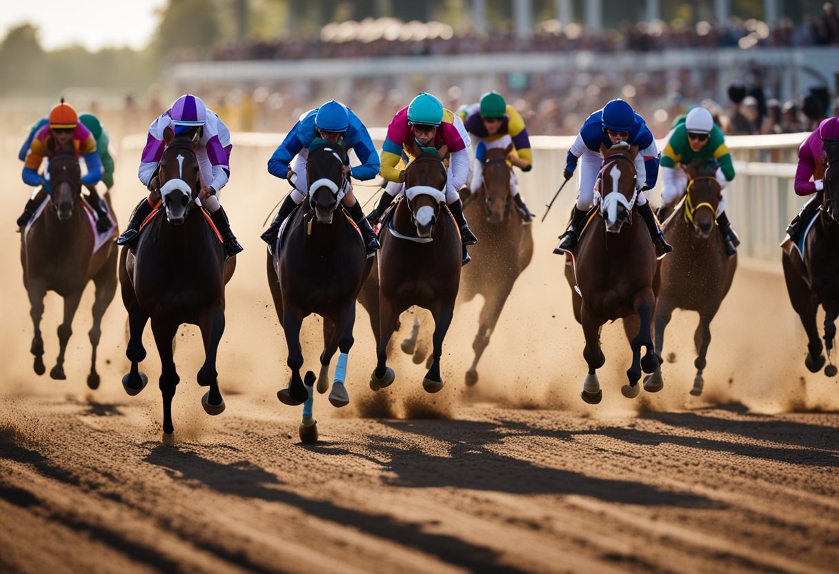 Six horses racing on a track, with colorful jockeys riding them. The crowd cheers as they place bets on the Bet365 6 Horse Challenge