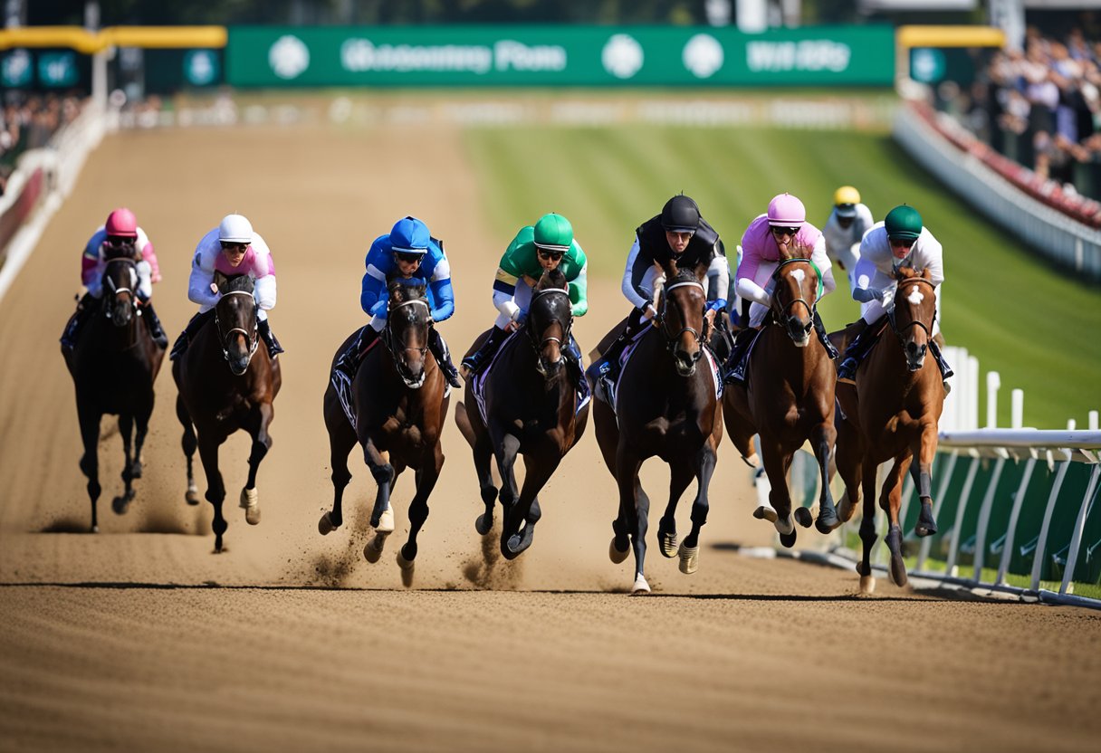 Six horses racing on a track, with the Bet365 logo displayed prominently. Excited spectators cheer as the horses thunder towards the finish line