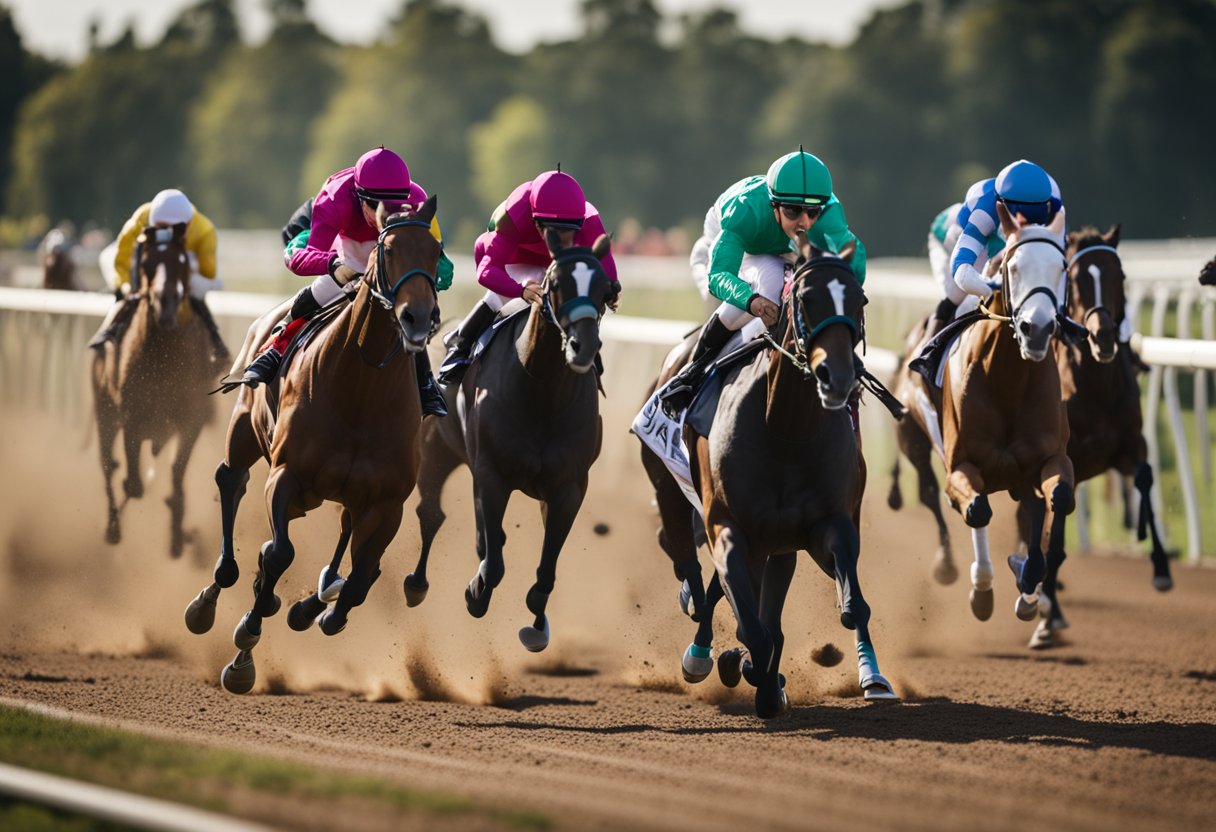 Six horses racing on a track, with Bet365 branding visible. Spectators cheer as the horses gallop towards the finish line