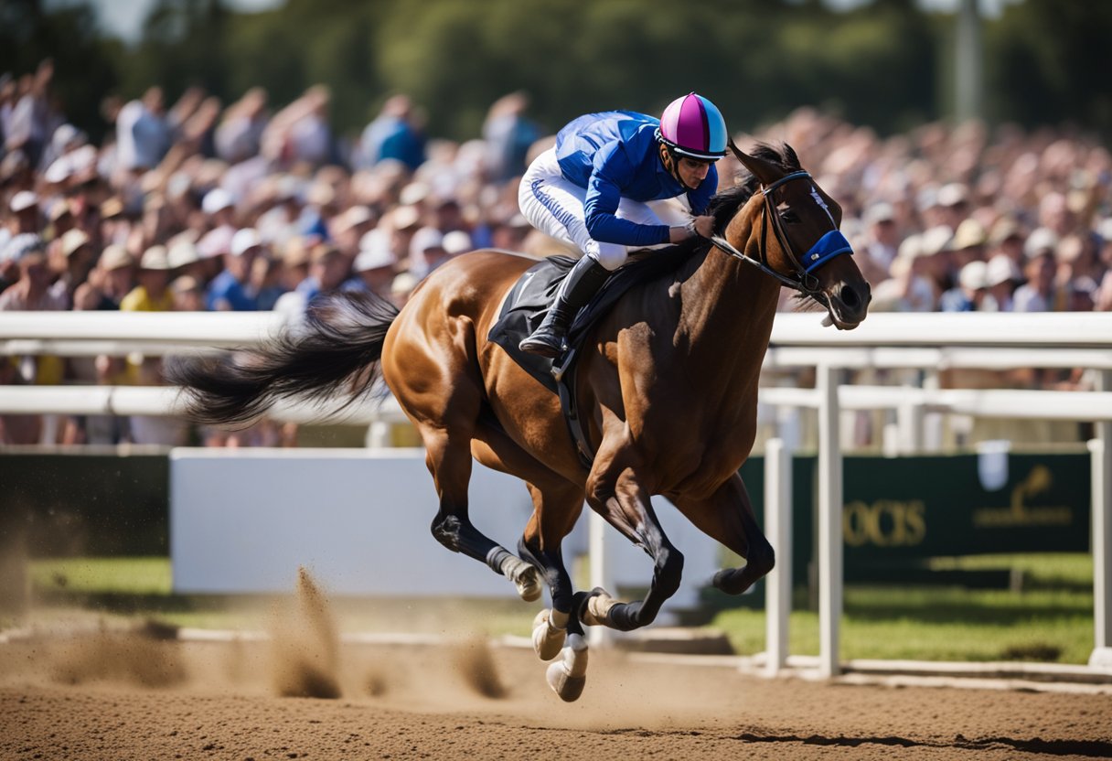 A horse gallops around a track, hooves pounding against the dirt, jockey leaning forward, urging the animal on. The crowd roars as the horse races towards the finish line