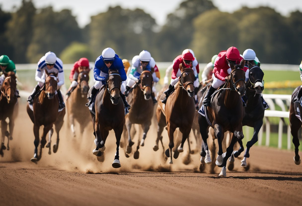 Horses racing on a track, one leading the pack with others close behind, illustrating the concept of pace in horse racing