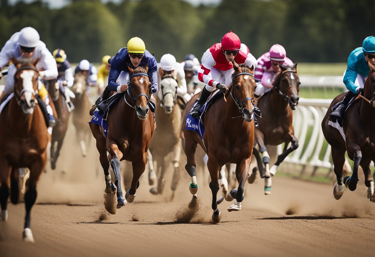 Horses galloping at different speeds on a racetrack, with jockeys urging them on. The crowd cheers as the horses race towards the finish line