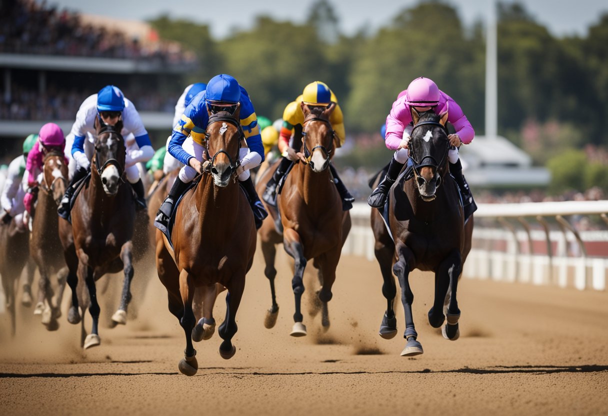 Horses racing on a track, jockeys leaning forward, crowds cheering, pace analysis charts in the background