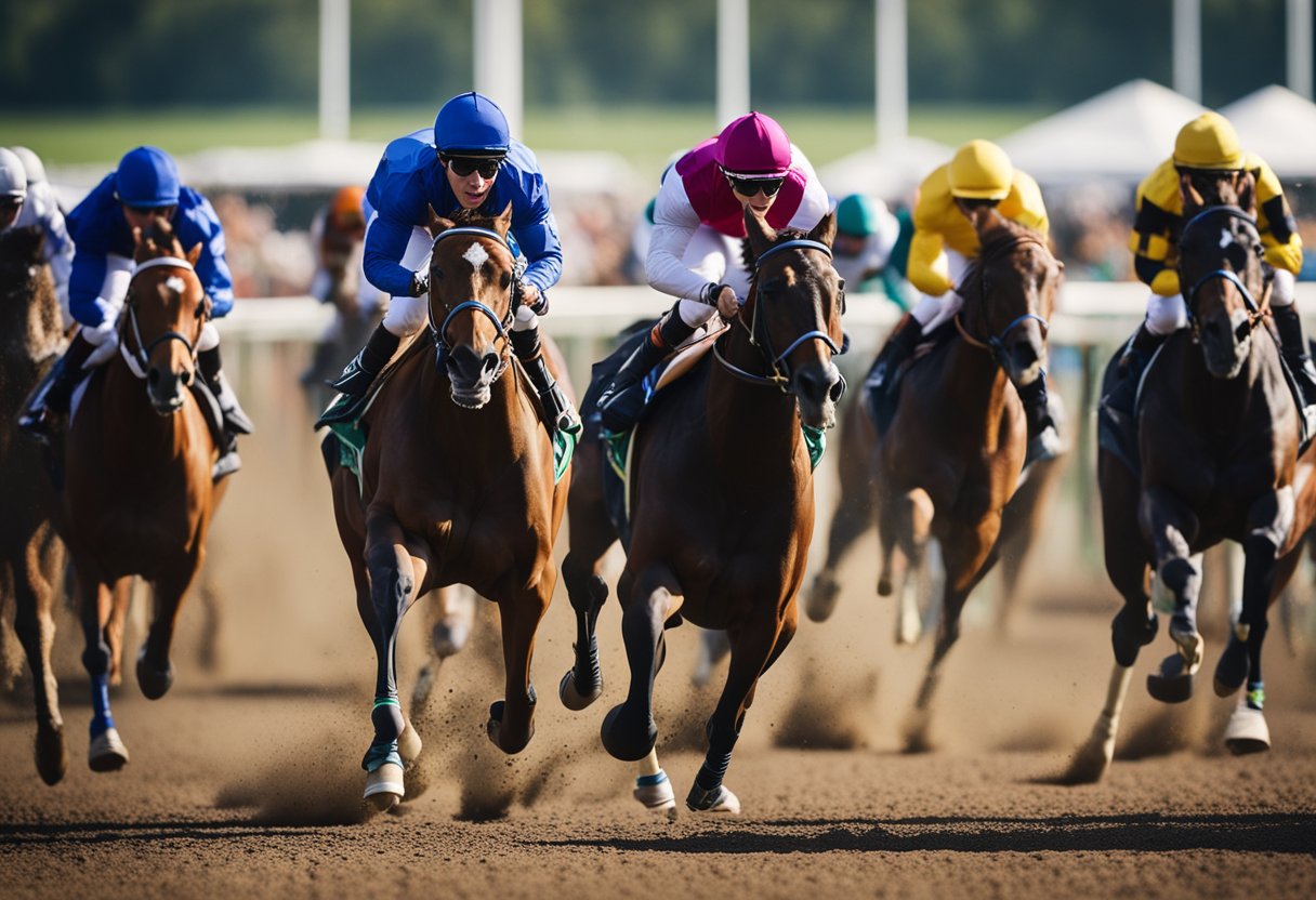 Horses racing on a track, jockeys urging them on, spectators cheering, and the intensity of the competition evident in the horses' body language