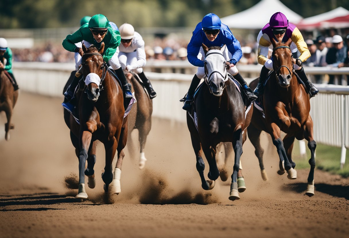 Horses racing on a dirt track, jockeys urging them on, with spectators watching from the stands