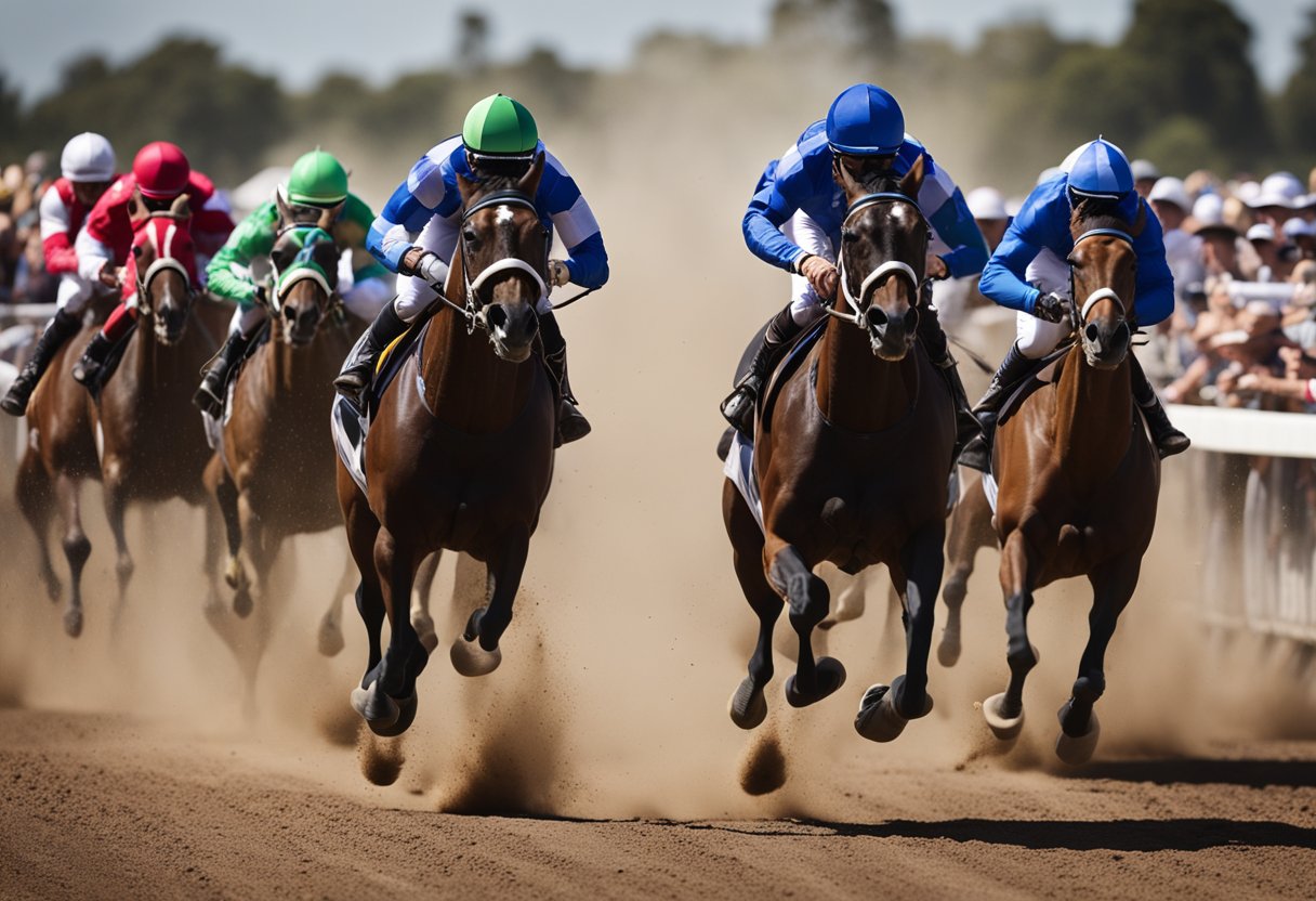 The horses thundered down the track, their hooves kicking up clouds of dust as they raced towards the finish line, the crowd cheering wildly in the background