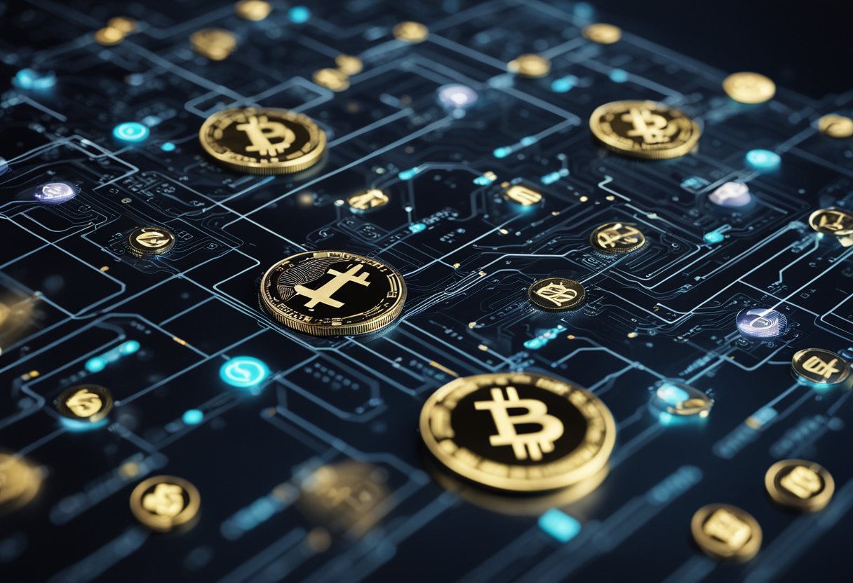 A scene of various cryptocurrency symbols and financial charts, with interconnected lines and nodes to represent the decentralized nature of DeFi