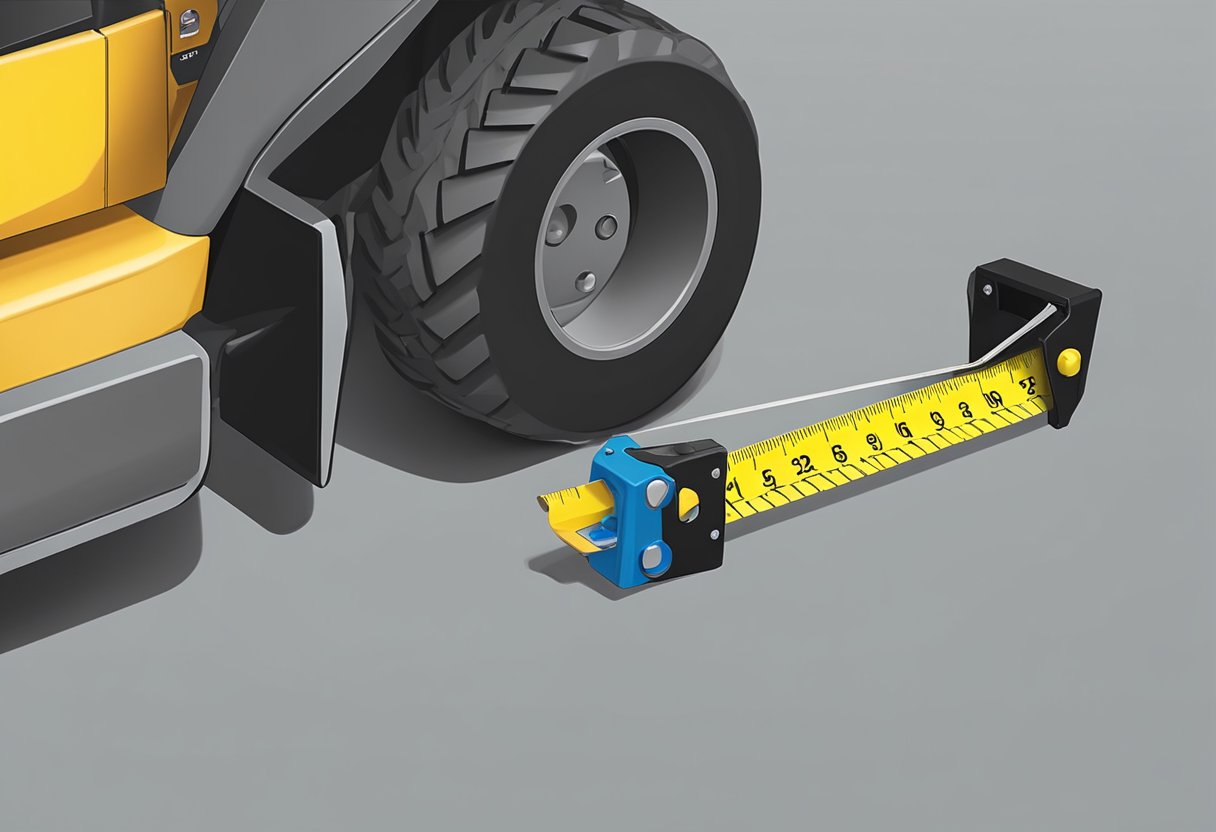 A tape measure extends from the tip of one forklift fork to the other, showing the distance between them. The measurement is taken from the base of the forks to ensure accuracy