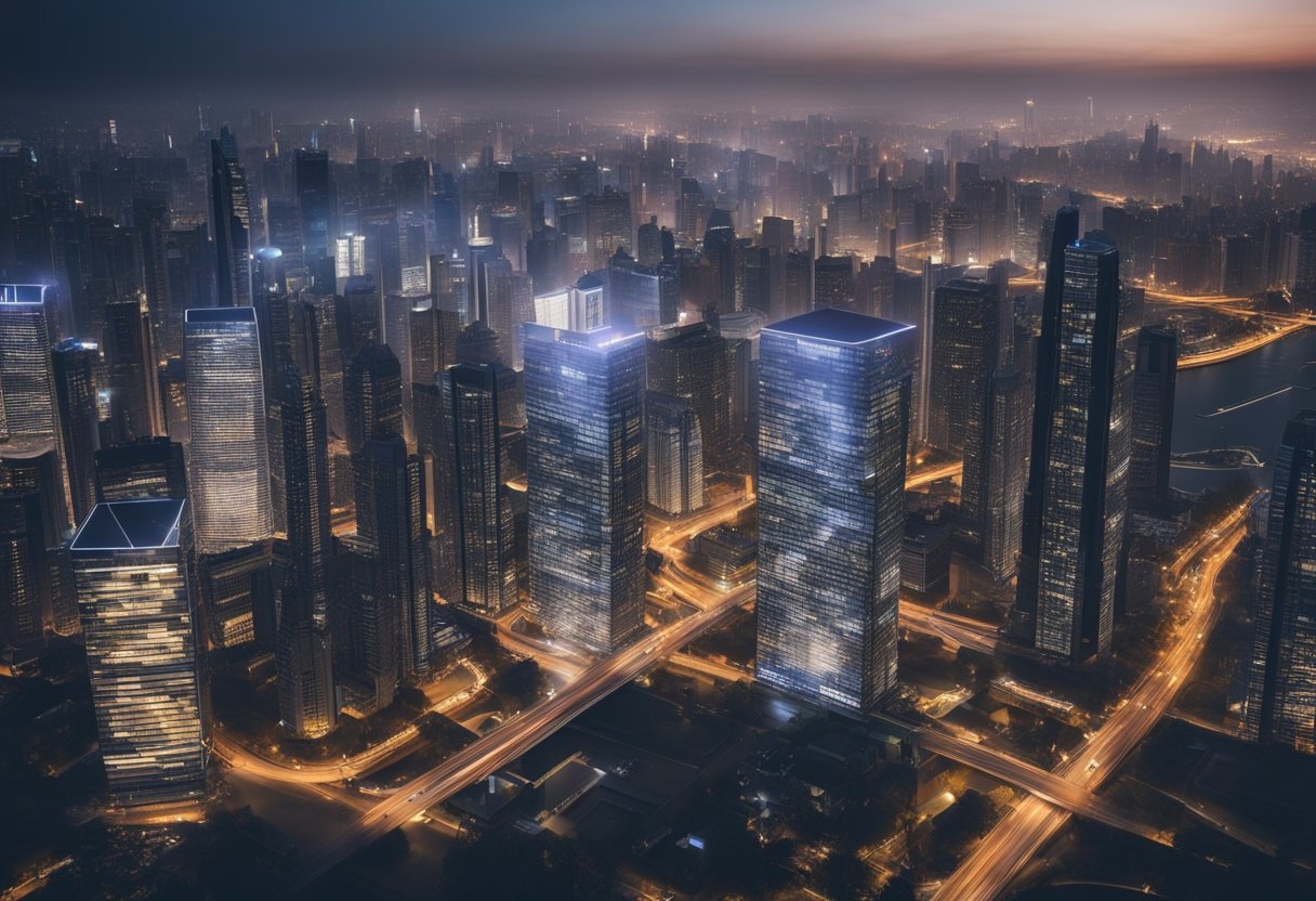 A modern city skyline with digital blockchain nodes connecting various real estate properties