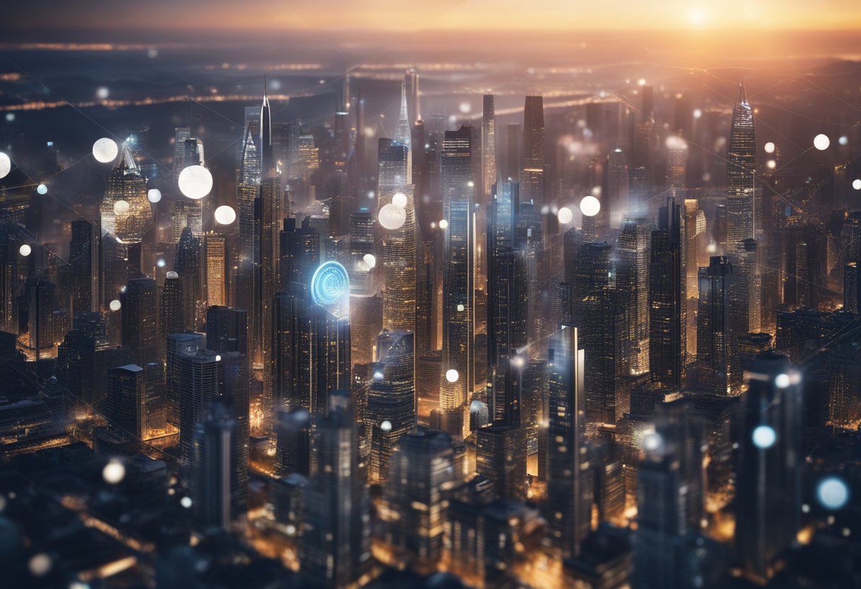 A modern city skyline with digital tokens and real estate properties interconnected by blockchain technology