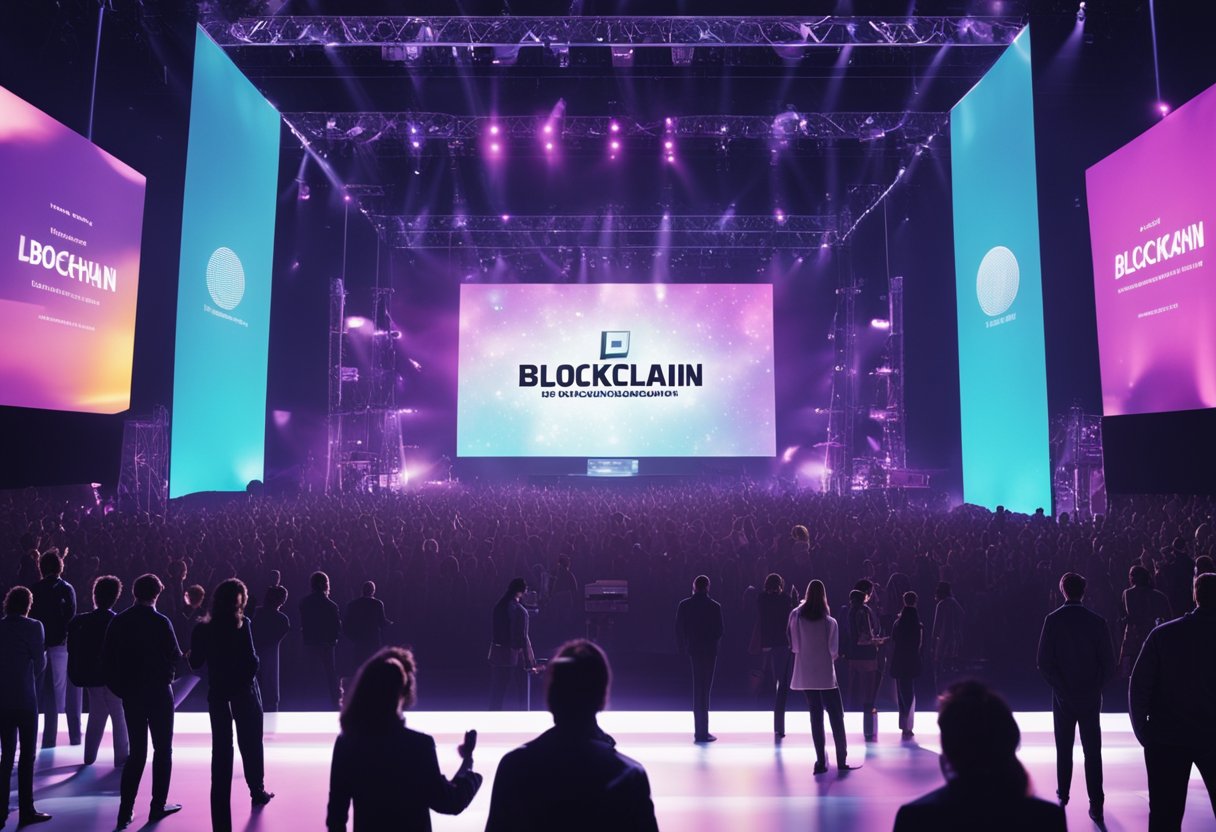 A stage with musical instruments, a crowd of people, and a large screen displaying blockchain technology graphics