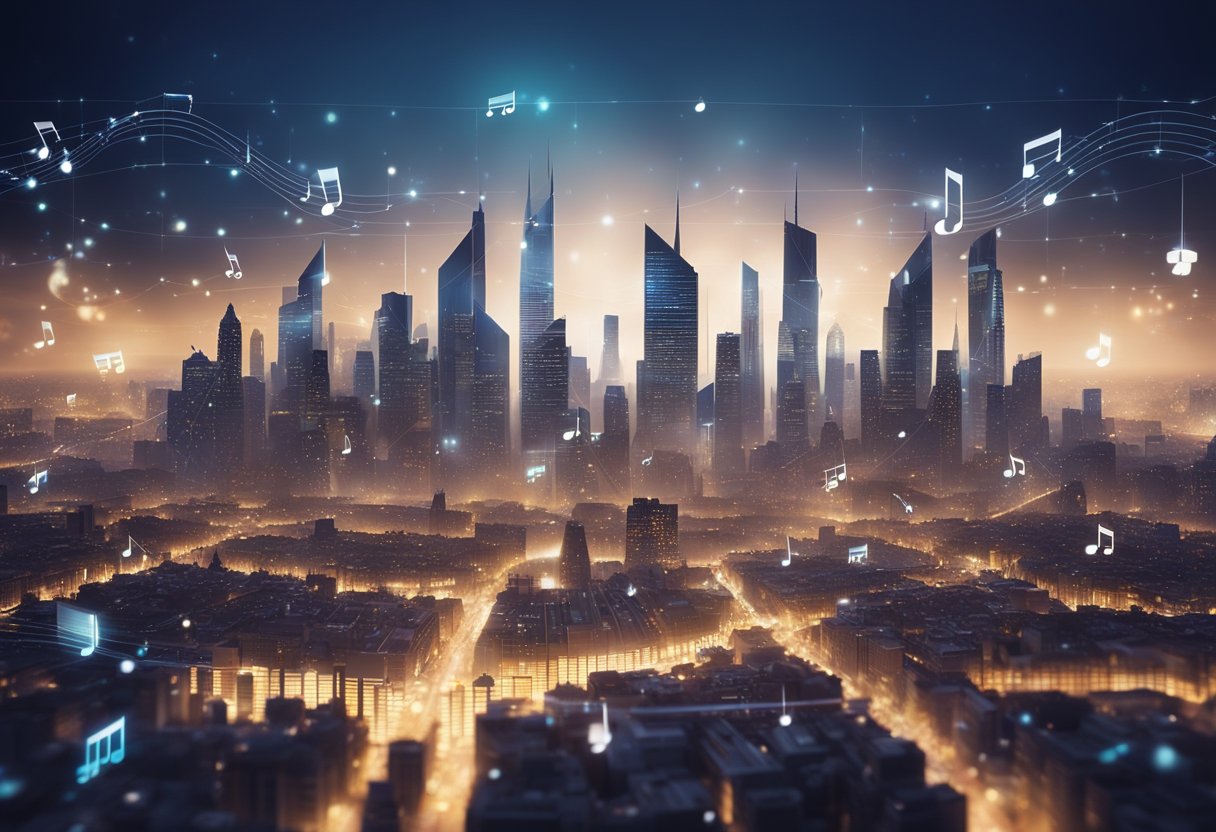 A futuristic city skyline with digital music notes floating above, connected by blockchain chains, disrupting the traditional music industry