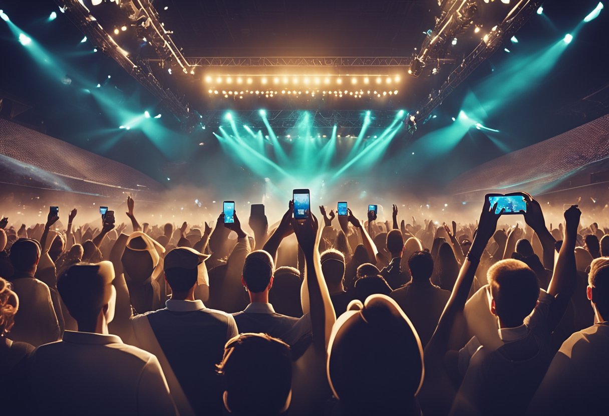 A crowd of fans gathers around a stage, holding smartphones and cheering as an artist performs. A digital blockchain disrupts the air, connecting the artist and fans in a new way