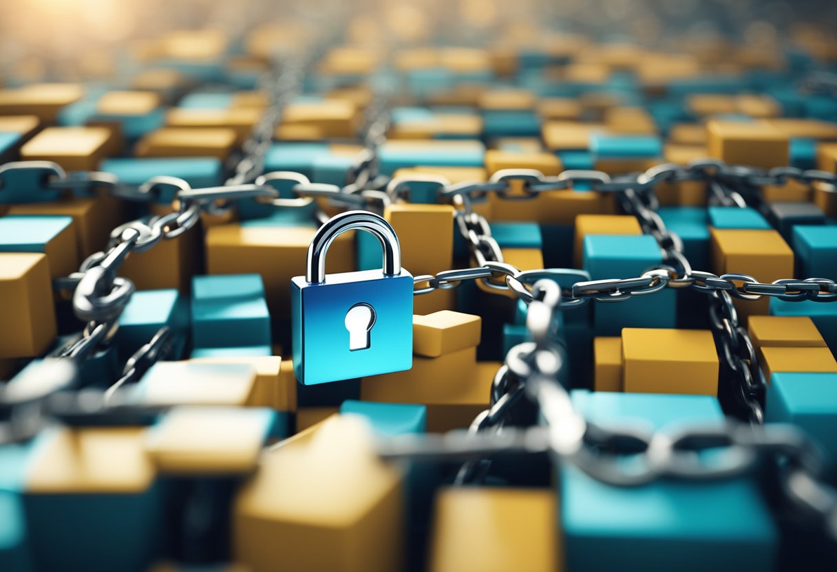 A padlock icon hovering over a chain of interconnected blocks, symbolizing the impact of blockchain on identity security