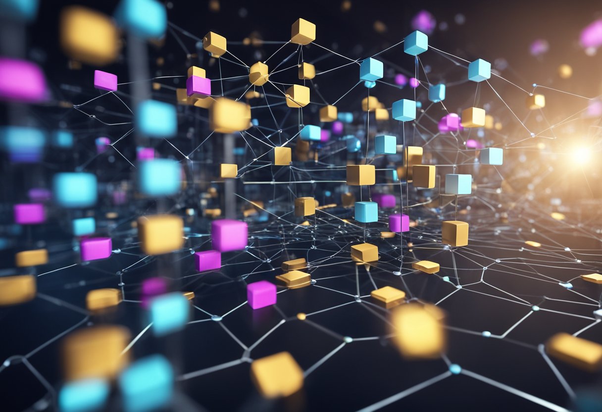 A network of interconnected blocks symbolizing blockchain technology, with financial institutions and digital assets flowing through them