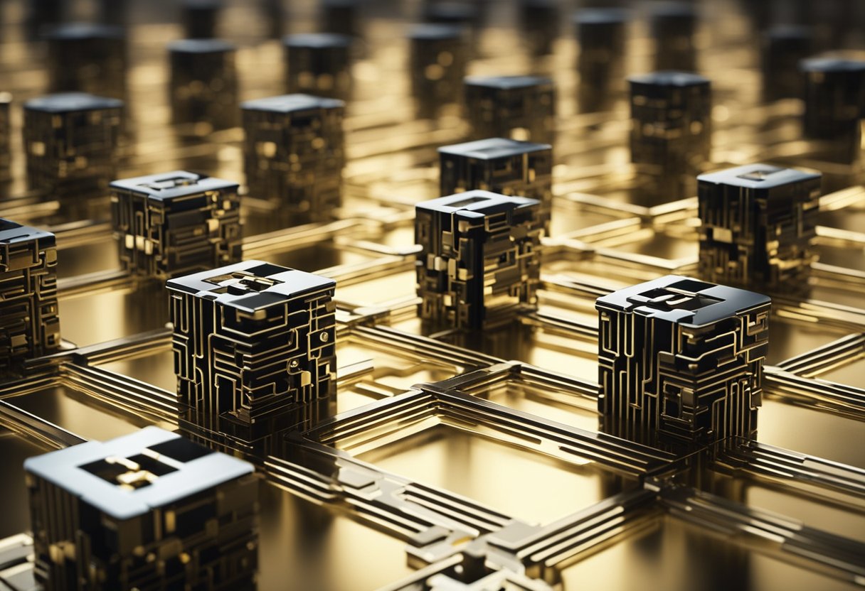 A network of interconnected blocks symbolizing data transfer and security in financial transactions. Digital keys and locks represent encryption and validation processes