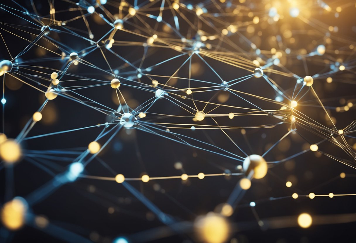 A network of interconnected energy sources and data, represented by nodes and chains, illustrating the decentralized and secure nature of blockchain technology in the energy sector