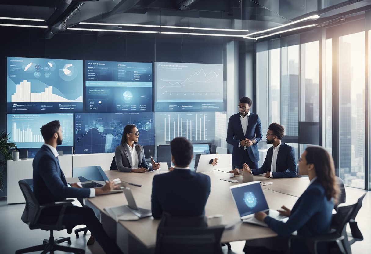 A group of insurance professionals discussing blockchain technology in a modern office setting, with charts and graphs displayed on a digital screen