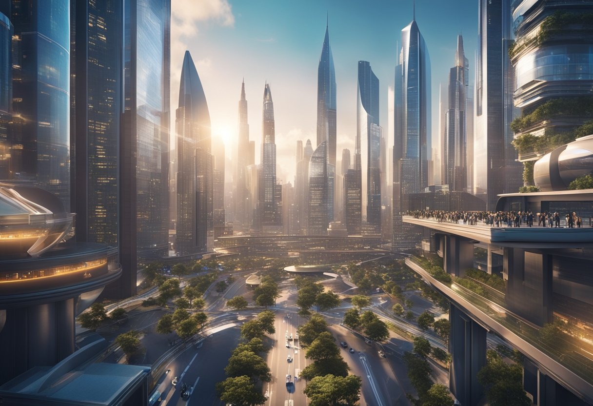 A bustling metaverse city with blockchain-powered skyscrapers and flying vehicles. Digital avatars interact with virtual environments and trade on decentralized platforms