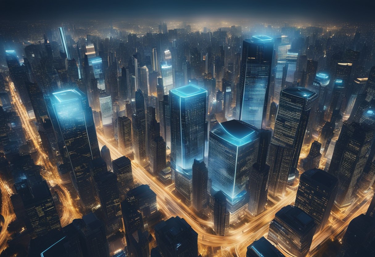 A bustling digital city with interconnected assets, glowing metaverse portals, and blockchain networks weaving through skyscrapers