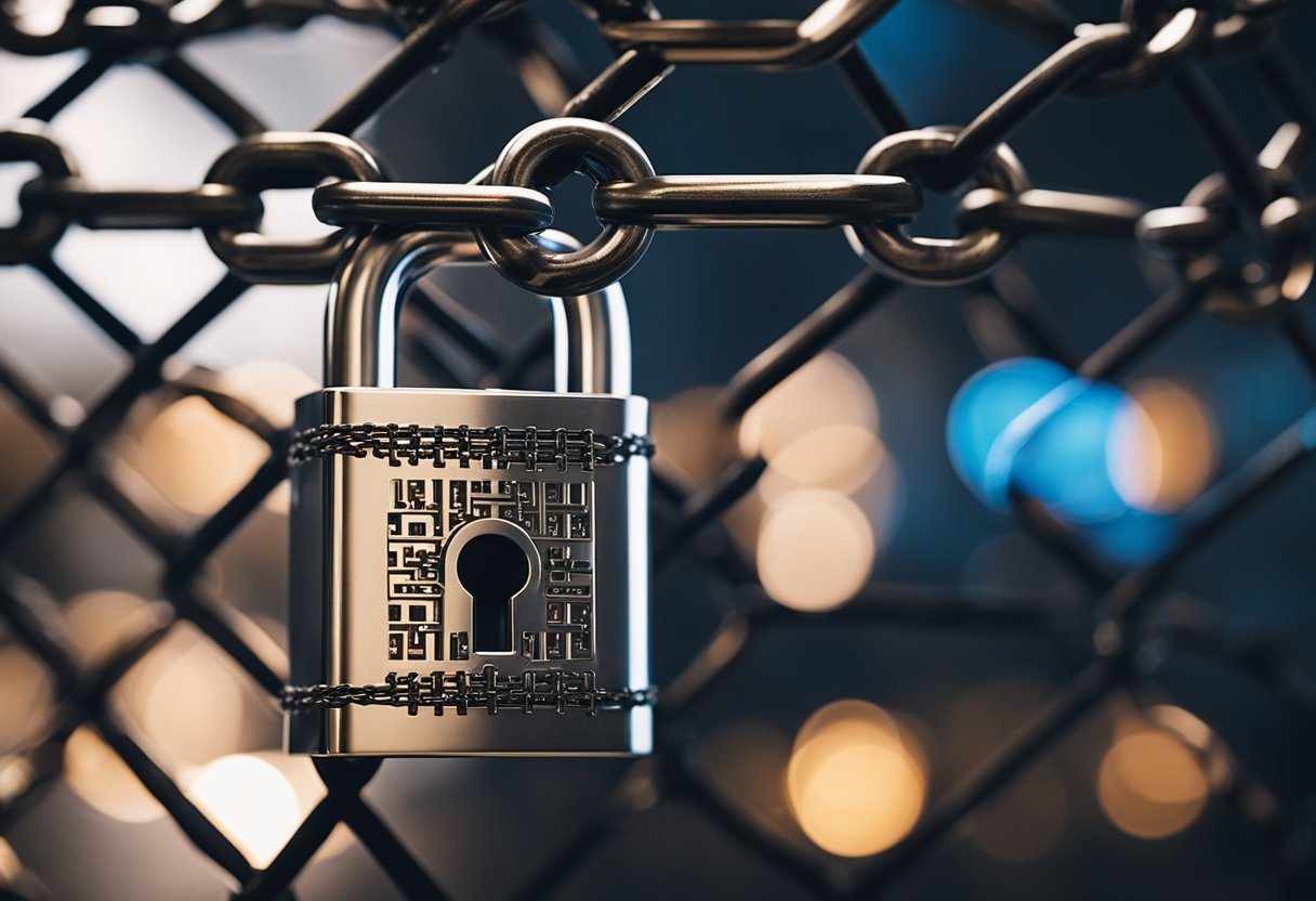 A padlock with chains wrapped around a digital blockchain, symbolizing security and trust challenges in blockchain technology